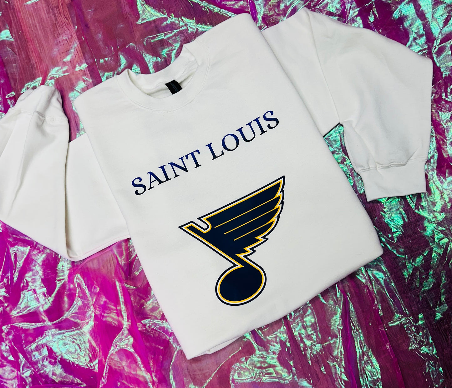 M blues sweatshirt.