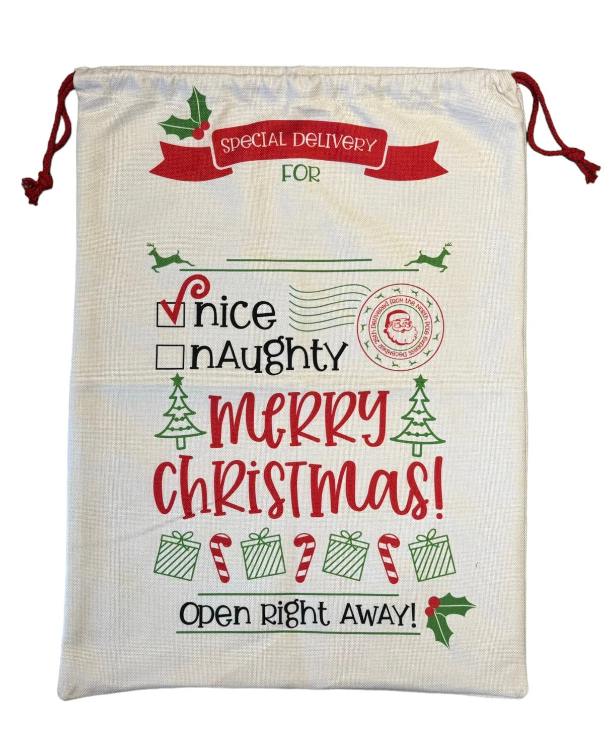 Nice or Naughty Santa Sacks. Size 19x26
